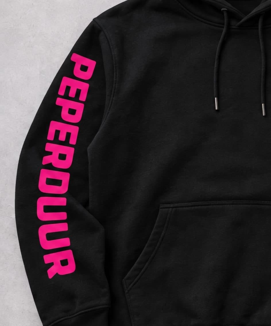Close-up of the sleeve with PRICEY in pink lettering