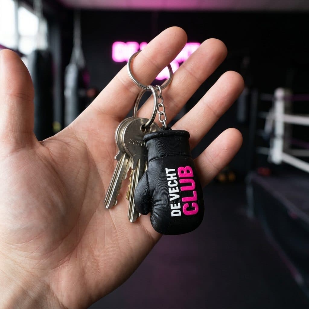 Een hand met een sleutelbos waaraan de bokshandschoen-sleutelhanger hangt, in de zaal