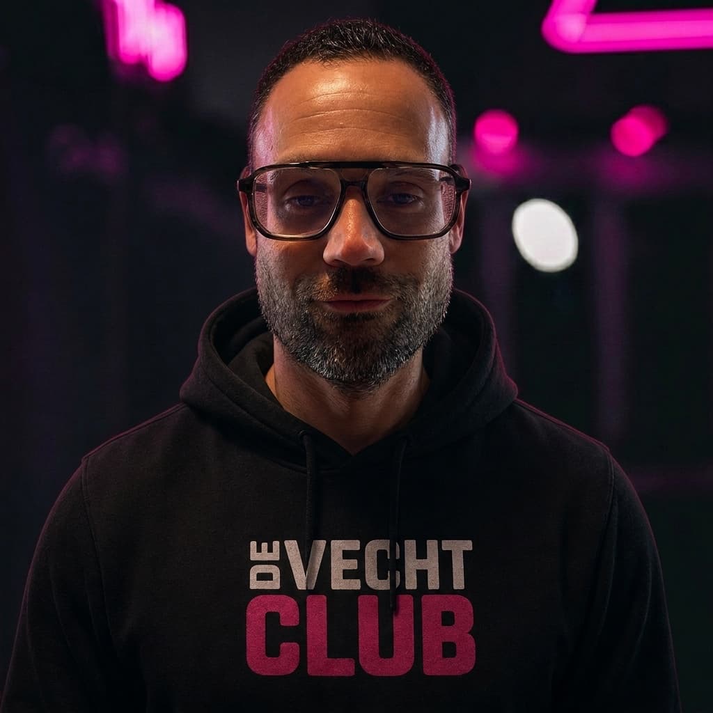 Remy met bril en baard, recht in de camera, in een zwarte De Vechtclub-hoodie met roze neonlicht op de achtergrond